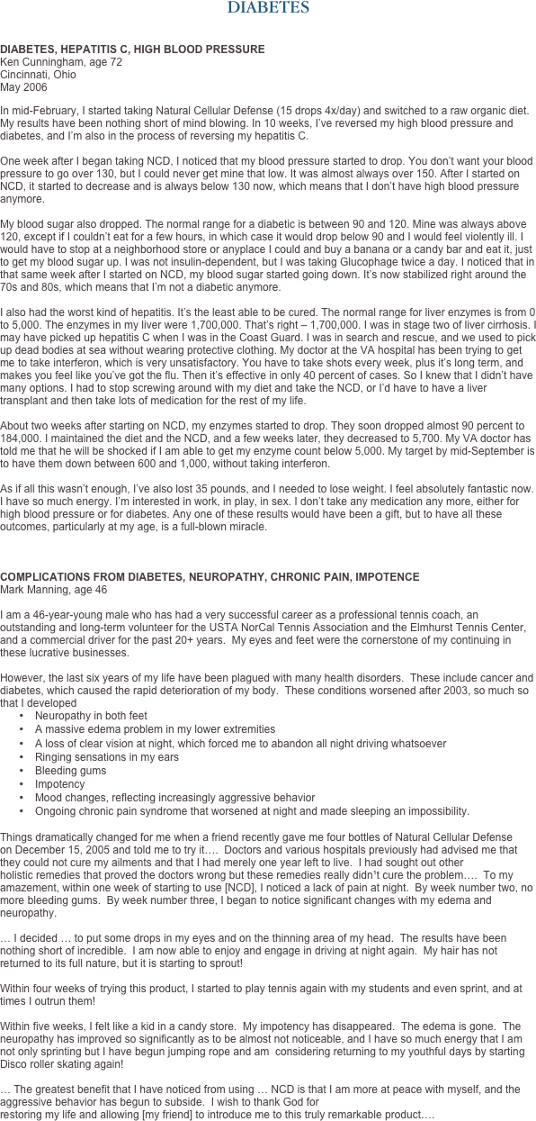 DIABETES


DIABETES, HEPATITIS C, HIGH BLOOD PRESSURE
Ken Cunningham, age 72
Cincinnati, Ohio
May 2006
In mid-February, I started taking Natural Cellular Defense (15 drops 4x/day) and switched to a raw organic diet. My results have been nothing short of mind blowing. In 10 weeks, I’ve reversed my high blood pressure and diabetes, and I’m also in the process of reversing my hepatitis C.  
 
One week after I began taking NCD, I noticed that my blood pressure started to drop. You don’t want your blood pressure to go over 130, but I could never get mine that low. It was almost always over 150. After I started on NCD, it started to decrease and is always below 130 now, which means that I don’t have high blood pressure anymore. 

My blood sugar also dropped. The normal range for a diabetic is between 90 and 120. Mine was always above 120, except if I couldn’t eat for a few hours, in which case it would drop below 90 and I would feel violently ill. I would have to stop at a neighborhood store or anyplace I could and buy a banana or a candy bar and eat it, just to get my blood sugar up. I was not insulin-dependent, but I was taking Glucophage twice a day. I noticed that in that same week after I started on NCD, my blood sugar started going down. It’s now stabilized right around the 70s and 80s, which means that I’m not a diabetic anymore.

I also had the worst kind of hepatitis. It’s the least able to be cured. The normal range for liver enzymes is from 0 to 5,000. The enzymes in my liver were 1,700,000. That’s right – 1,700,000. I was in stage two of liver cirrhosis. I may have picked up hepatitis C when I was in the Coast Guard. I was in search and rescue, and we used to pick up dead bodies at sea without wearing protective clothing. My doctor at the VA hospital has been trying to get me to take interferon, which is very unsatisfactory. You have to take shots every week, plus it’s long term, and makes you feel like you’ve got the flu. Then it’s effective in only 40 percent of cases. So I knew that I didn’t have many options. I had to stop screwing around with my diet and take the NCD, or I’d have to have a liver transplant and then take lots of medication for the rest of my life.

About two weeks after starting on NCD, my enzymes started to drop. They soon dropped almost 90 percent to 184,000. I maintained the diet and the NCD, and a few weeks later, they decreased to 5,700. My VA doctor has told me that he will be shocked if I am able to get my enzyme count below 5,000. My target by mid-September is to have them down between 600 and 1,000, without taking interferon. 

As if all this wasn’t enough, I’ve also lost 35 pounds, and I needed to lose weight. I feel absolutely fantastic now. I have so much energy. I’m interested in work, in play, in sex. I don’t take any medication any more, either for high blood pressure or for diabetes. Any one of these results would have been a gift, but to have all these outcomes, particularly at my age, is a full-blown miracle.



COMPLICATIONS FROM DIABETES, NEUROPATHY, CHRONIC PAIN, IMPOTENCE
Mark Manning, age 46   I am a 46-year-young male who has had a very successful career as a professional tennis coach, an outstanding and long-term volunteer for the USTA NorCal Tennis Association and the Elmhurst Tennis Center, and a commercial driver for the past 20+ years.  My eyes and feet were the cornerstone of my continuing in these lucrative businesses.
 However, the last six years of my life have been plagued with many health disorders.  These include cancer and diabetes, which caused the rapid deterioration of my body.  These conditions worsened after 2003, so much so that I developed
•	Neuropathy in both feet
•	A massive edema problem in my lower extremities
•	A loss of clear vision at night, which forced me to abandon all night driving whatsoever
•	Ringing sensations in my ears
•	Bleeding gums
•	Impotency
•	Mood changes, reflecting increasingly aggressive behavior
•	Ongoing chronic pain syndrome that worsened at night and made sleeping an impossibility. 

Things dramatically changed for me when a friend recently gave me four bottles of Natural Cellular Defense on December 15, 2005 and told me to try it….  Doctors and various hospitals previously had advised me that they could not cure my ailments and that I had merely one year left to live.  I had sought out other holistic remedies that proved the doctors wrong but these remedies really didn¹t cure the problem….  To my amazement, within one week of starting to use [NCD], I noticed a lack of pain at night.  By week number two, no more bleeding gums.  By week number three, I began to notice significant changes with my edema and neuropathy.

… I decided … to put some drops in my eyes and on the thinning area of my head.  The results have been nothing short of incredible.  I am now able to enjoy and engage in driving at night again.  My hair has not returned to its full nature, but it is starting to sprout!  

Within four weeks of trying this product, I started to play tennis again with my students and even sprint, and at times I outrun them!
 Within five weeks, I felt like a kid in a candy store.  My impotency has disappeared.  The edema is gone.  The neuropathy has improved so significantly as to be almost not noticeable, and I have so much energy that I am not only sprinting but I have begun jumping rope and am  considering returning to my youthful days by starting Disco roller skating again! 
… The greatest benefit that I have noticed from using … NCD is that I am more at peace with myself, and the aggressive behavior has begun to subside.  I wish to thank God for restoring my life and allowing [my friend] to introduce me to this truly remarkable product…. 